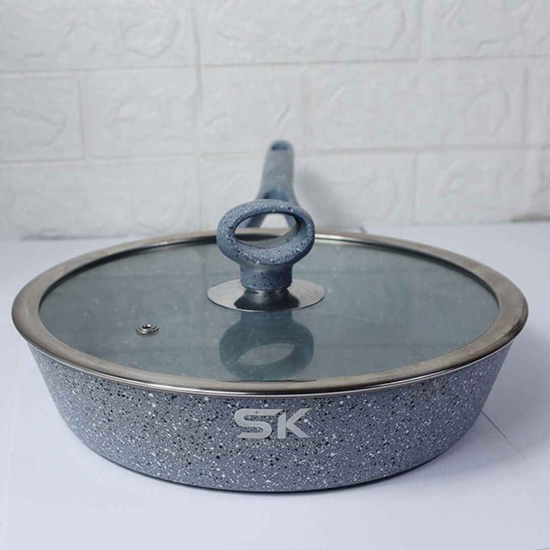 24cm Non Stick Marble Coated Signature Frypan with Glass Lid – Grey | Premium Frying Pan