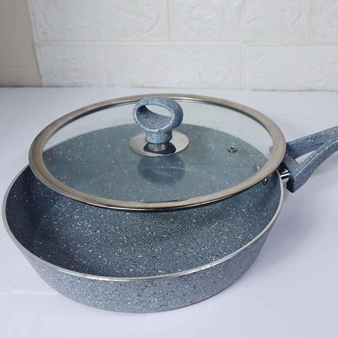 24cm Non Stick Marble Coated Signature Frypan with Glass Lid – Grey | Premium Frying Pan